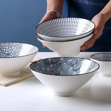 Load image into Gallery viewer, This Blue and White Japanese Ramen Bowls by Allthingscurated feature a modern, Asian design in a conical shape with a white fluted exterior, the porcelain bowls spot a beautiful, Japanese-inspired print for the interior. Comes in 4 different designs, this versatile bowl is not just for ramen, but also great for soups, curries and salads.