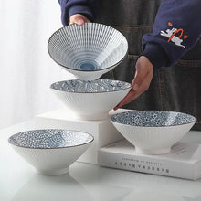 Load image into Gallery viewer, This Blue and White Japanese Ramen Bowls by Allthingscurated feature a modern, Asian design in a conical shape with a white fluted exterior, the porcelain bowls spot a beautiful, Japanese-inspired print for the interior. Comes in 4 different designs, this versatile bowl is not just for ramen, but also great for soups, curries and salads.