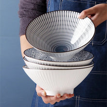 Load image into Gallery viewer, This Blue and White Japanese Ramen Bowls by Allthingscurated feature a modern, Asian design in a conical shape with a white fluted exterior, the porcelain bowls spot a beautiful, Japanese-inspired print for the interior. Comes in 4 different designs, this versatile bowl is not just for ramen, but also great for soups, curries and salads.