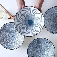 Load image into Gallery viewer, This Blue and White Japanese Ramen Bowls by Allthingscurated feature a modern, Asian design in a conical shape with a white fluted exterior, the porcelain bowls spot a beautiful, Japanese-inspired print for the interior. Comes in 4 different designs, this versatile bowl is not just for ramen, but also great for soups, curries and salads.
