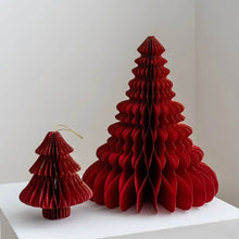 Load image into Gallery viewer, Honeycomb Christmas Trees by Allthingscurated featured a set of 2 sculptural trees expertly crafted with paper to bring a pretty and festive touch to your Yuletide decorations. These delightful paper decorations are simple to assemble and store away, making them reusable year after year. Comes in 2 styles and 4 color groupings of Red, Brown, White and Black. Each set consists of a small and large tree. Featured is a set of Red trees.