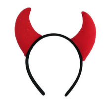 Load image into Gallery viewer, Horn Shape Headband by Allthingscurated features trendy, three-dimensional horns that is fun and perfect for elevating your Halloween party look. This accessory is perfect for adding a playful touch to your costume and make a statement at any Halloween party. Comes in 3 colors. Featured here is the Red and Black Headband.