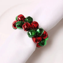 Load image into Gallery viewer, Jingle Bells Napkin Rings by Allthingscurated. Come as a set of 6 rings in color combos of red and green, or silver and gold, they are the perfect finishing touch for your holiday table setting. Spread the joy of Christmas and charm your guests with the cheerful bells. Featured here is the Red Green color combo.