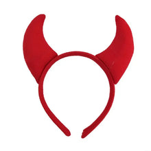 Load image into Gallery viewer, Horn Shape Headband by Allthingscurated features trendy, three-dimensional horns that is fun and perfect for elevating your Halloween party look. This accessory is perfect for adding a playful touch to your costume and make a statement at any Halloween party. Comes in 3 colors. Featured here is the Red headband.