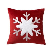 Load image into Gallery viewer, Christmas Snowflake Velvet Cushion Cover by Allthingscurated is designed with a single snowflake for a minimalistic look. The fabric feels velvety and the embroidered snowflake give the cushion an overall luxurious look. Comes in 3 colors. Featured here is the white snowflake on red cover.