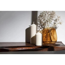 Load image into Gallery viewer, White Ribbed Column Candles by Allthingscurated are made of 100% soy wax. Hand crafted with vertical ridged pattern for texture, these candles are scented with the sweet smell of white rose. Available in 2 sizes.