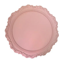 Load image into Gallery viewer, Embossed Lace Round Silicone Placemat by Allthingscurated are expertly crafted from high-quality, food-grade silicone. Available in 7 trendy colors with an embossed lace pattern, this placemat adds texture and charm to your dining table, making your meals more presentable effortlessly stylish. Featured here is placemat in Rosy Pink.