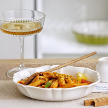 Load image into Gallery viewer, French Style Ruffle Edge Dish by Allthingscurated are oval shallow serving dishes featuring a ruffle edge with curved rims. Come in 3 colors of white, green and brown and in 2 sizes.