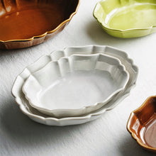 Load image into Gallery viewer, French Style Ruffle Edge Dish by Allthingscurated are oval shallow serving dishes featuring a ruffle edge with curved rims. Come in 3 colors of white, green and brown and in 2 sizes.