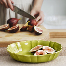 Load image into Gallery viewer, French Style Ruffle Edge Dish by Allthingscurated are oval shallow serving dishes featuring a ruffle edge with curved rims. Come in 3 colors of white, green and brown and in 2 sizes.