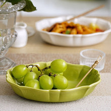 Load image into Gallery viewer, French Style Ruffle Edge Dish by Allthingscurated are oval shallow serving dishes featuring a ruffle edge with curved rims. Come in 3 colors of white, green and brown and in 2 sizes.