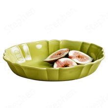 Load image into Gallery viewer, French Style Ruffle Edge Dish by Allthingscurated are oval shallow serving dishes featuring a ruffle edge with curved rims. Come in 3 colors of white, green and brown and in 2 sizes.
