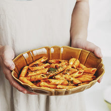 Load image into Gallery viewer, French Style Ruffle Edge Dish by Allthingscurated are oval shallow serving dishes featuring a ruffle edge with curved rims. Come in 3 colors of white, green and brown and in 2 sizes.