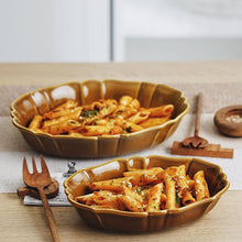 Load image into Gallery viewer, French Style Ruffle Edge Dish by Allthingscurated are oval shallow serving dishes featuring a ruffle edge with curved rims. Come in 3 colors of white, green and brown and in 2 sizes.