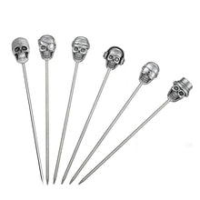 Load image into Gallery viewer, Funky Skull design cocktail picks by Allthingscurated. In 6 assorted silver design and made from food-grade stainless steel. Measures approximately 11.5cm or 4.5 inches in length.