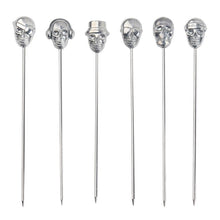 Load image into Gallery viewer, Funky Skull design cocktail picks by Allthingscurated. In 6 assorted silver design and made from food-grade stainless steel. Measures approximately 11.5cm or 4.5 inches in length.