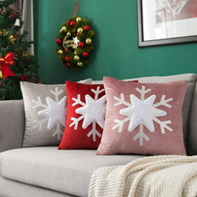 Load image into Gallery viewer, Christmas Snowflake Velvet Cushion Cover by Allthingscurated is designed with a single snowflake for a minimalistic look. The fabric feels velvety and the embroidered snowflake give the cushion an overall luxurious look. Comes in 3 colors.