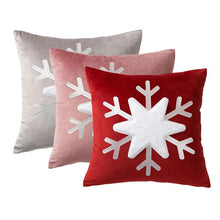 Load image into Gallery viewer, Christmas Snowflake Velvet Cushion Cover by Allthingscurated is designed with a single snowflake for a minimalistic look. The fabric feels velvety and the embroidered snowflake give the cushion an overall luxurious look. Comes in 3 colors.