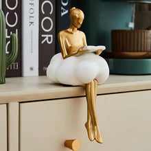 Load image into Gallery viewer, Sophie Cloud Girl Sculptures by Allthingscurated feature 2 beautiful lady statues in 2 postures—reading and pondering. Adorned with a classic ballerina bun and dressed in a minimalistic dress that ends with a voluminous skirt reminiscent of fluffy clouds. These sculptures bring a touch of serenity and sophistication to your living space.
