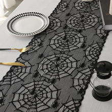 Load image into Gallery viewer, Black Lace Spider Web Table Runner by Allthingscurated. This stunning Black Spider Web Table Runner designed in elegant black lace featuring spiders and cobweb embroidery will make a bold statement for your Halloween table setting.