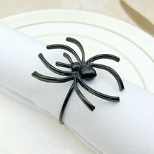 Load image into Gallery viewer, Spider Napkin Rings set of 6 by Allthingscurated spots a stylish and modern design that is perfect for decorating your table for Halloween or any gothic-themed event. Comes in 4 captivating colors of black, gunmetal, champagne gold and silver, these accessories will dress up your napkins and add a touch of edgy elegance to your dining experience.