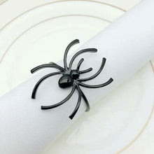 Load image into Gallery viewer, Spider Napkin Rings set of 6 by Allthingscurated spots a stylish and modern design that is perfect for decorating your table for Halloween or any gothic-themed event. Comes in 4 captivating colors of black, gunmetal, champagne gold and silver, these accessories will dress up your napkins and add a touch of edgy elegance to your dining experience.