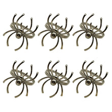 Load image into Gallery viewer, Spider Napkin Rings set of 6 by Allthingscurated spots a stylish and modern design that is perfect for decorating your table for Halloween or any gothic-themed event. Comes in 4 captivating colors of black, gunmetal, champagne gold and silver, these accessories will dress up your napkins and add a touch of edgy elegance to your dining experience. Featured here is the Gunmetal Set.