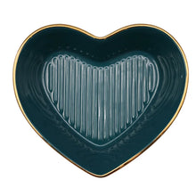 Load image into Gallery viewer, Heart-shaped teal dish with gold rim on a white background. Gold-rimmed Heart Shape Ceramic Bowl by Allthingscurated is a beautiful and versatile piece to own in your dinnerware collection. Perfect for salads, desserts and appetizers, its charming design adds an extra touch of romance for Valentine’s Day dinner; and make everyday meals extra special.