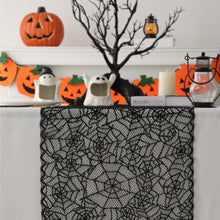 Load image into Gallery viewer, Black Lace Spider Web Table Runner by Allthingscurated. This stunning Black Spider Web Table Runner designed in elegant black lace featuring spiders and cobweb embroidery will make a bold statement for your Halloween table setting. Shown here is design with only cobweb embroidery.
