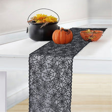 Load image into Gallery viewer, Black Lace Spider Web Table Runner by Allthingscurated. This stunning Black Spider Web Table Runner designed in elegant black lace featuring spiders and cobweb embroidery will make a bold statement for your Halloween table setting.