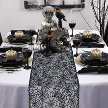 Load image into Gallery viewer, Black Lace Spider Web Table Runner by Allthingscurated. This stunning Black Spider Web Table Runner designed in elegant black lace featuring spiders and cobweb embroidery will make a bold statement for your Halloween table setting.