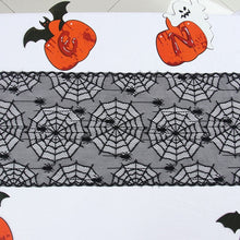 Load image into Gallery viewer, Black Lace Spider Web Table Runner by Allthingscurated. This stunning Black Spider Web Table Runner designed in elegant black lace featuring spiders and cobweb embroidery will make a bold statement for your Halloween table setting.