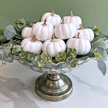 Load image into Gallery viewer, Faux Mini White Pumpkins by Allthingscurated is the perfect party decoration for Halloween, Thanksgiving and all fall festivities. Comes in a bundle of 6 mini pumpkins they will lend your home a festive touch. Great as fillers for your vase and decorative bowls.