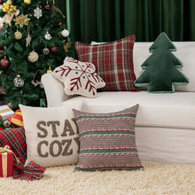 Load image into Gallery viewer, Decorative pillows on a couch with a Christmas tree and presents in the background. Elevate your seasonal décor with this curated selection of holiday Decorative Christmas Pillows and Covers Collection by Allthingscurated. Sewn from quality, soft fabrics with thoughtful tufted details, each piece delivers both comfort and visual appeal to your home.