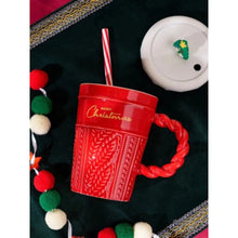 Load image into Gallery viewer, Snow Capped Christmas Gift Mug by Allthingscurated boasts festive colors of red, green and white, featuring a Merry Christmas greeting engraved on the mug. The elegant mug is crafted from ceramic with a snow-like lid and a charming Christmas relief pattern, making it the perfect gift for your friends and colleagues during office parties. Comes with a straw for added convenience.