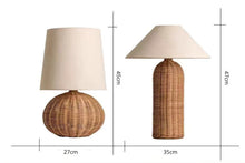 Load image into Gallery viewer, Two rattan table lamps with dimensions indicated on a white background. The Yumi Japanese Table Lamp by Allthingscurated embraces the wabi-sabi philosophy that profound beauty emerges from simplicity. Crafted from natural rattan, its minimalist design feels both rustic and contemporary. It elevates your home décor by transforming any space into a sanctuary of quiet sophistication.