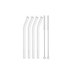Load image into Gallery viewer, Allthingscurated’s super-short glass straws measures only 15cm or 6 inches. Suitable for drinks in any glass type from lowball, martini, margarita, tumbler, whiskey to mason jar. Package includes 4 straws plus 2 cleaning brushes. Made of high-grad borosilicate glass that is cold and heat-resistant.  This selection is for a bent straw design.