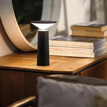 Load image into Gallery viewer, Cordless and portable bar table lamp in minimalist design, available in Black or White. Dimmable with 3 lighting modes from warm, to white and natural light. Fully charged in 4 hours with USB cable.