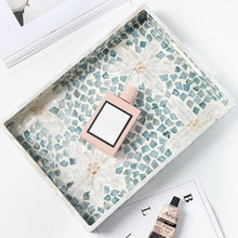 Load image into Gallery viewer, Mia Spring Nature Rectangle Trays by Allthingscurated are beautiful handmade and inlaid with natural Capiz shells. They are both functional and decorative as tray for the dining table and the dresser. Measuring 35cm by 25.5cm or 13.7 inches by 10 inches. Available in 3 designs.