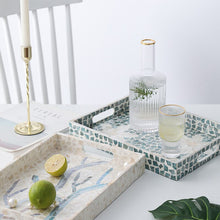 Load image into Gallery viewer, Mia Spring Nature Rectangle Trays by Allthingscurated are beautiful handmade and inlaid with natural Capiz shells. They are both functional and decorative as tray for the dining table and the dresser. Measuring 35cm by 25.5cm or 13.7 inches by 10 inches. Available in 3 designs.