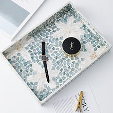 Load image into Gallery viewer, Mia Spring Nature Rectangle Trays by Allthingscurated are beautiful handmade and inlaid with natural Capiz shells. They are both functional and decorative as tray for the dining table and the dresser. Measuring 35cm by 25.5cm or 13.7 inches by 10 inches. Available in 3 designs.