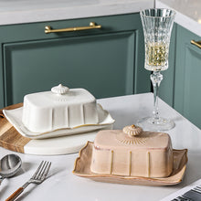 Load image into Gallery viewer, Retro-style Porcelain Butter Dish by Allthingscurated comes in 2 muted tones of Antique White and Antique Peach. A butter dish that comes with a cover with beautiful patterns, it is an ideal and practical storage for your butter. Measures 19.3cm or 7.5 inches in width, 9cm or 3.5 inches in height and 14.2cm or 5.5 inches in depth.