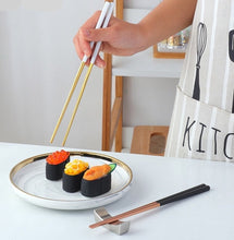Load image into Gallery viewer, These Chinese chopsticks by Allthingscurated is contemporary with a square design for better food gripping. Made of 304 food grade stainless steel, they come in 6 different color combinations of Black and Gold, Black and Rose Gold, Black and Silver, White and Black, White and Gold, White and Rose Gold. Retailed as a set of 6 pairs, choose from one of the above color combinations or opt for an assorted set of 6 different color combinations. Chopstick length is 23.5cm or 9 inches.