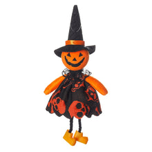 Load image into Gallery viewer, Halloween Hanging Dolls by Allthingscurated add a touch of spooky fun to any home. Perfect for parties and gatherings, they are a must-have for Halloween festivities. 8 designs available to choose from. Featured here is Dressy Pumpkin.