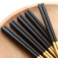 Load image into Gallery viewer, These Chinese chopsticks by Allthingscurated is contemporary with a square design for better food gripping. Made of 304 food grade stainless steel, they come in 6 different color combinations of Black and Gold, Black and Rose Gold, Black and Silver, White and Black, White and Gold, White and Rose Gold. Retailed as a set of 6 pairs, choose from one of the above color combinations or opt for an assorted set of 6 different color combinations. Chopstick length is 23.5cm or 9 inches.
