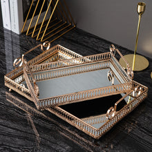Load image into Gallery viewer, Donatella Mirror tray by Allthingscurated features a mirror surface and intricate gold-gilded pattern surround all sides of the rectangle tray and with 2 handles. Available in small, medium and large size. Featured here is a large and small tray.