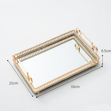 Load image into Gallery viewer, Donatella Mirror tray by Allthingscurated features a mirror surface and intricate gold-gilded pattern surround all sides of the rectangle tray and with 2 handles. Available in small, medium and large size. Featured here is a medium size tray measuring length 33cm by width 21cm and height 8.5cm or length 13 inches by width 8 inches and height 3.3 inches.