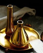 Load image into Gallery viewer, 2 gold mini vases on a gold vanity tray