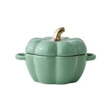 Load image into Gallery viewer, These beautiful Pumpkin Party Bowls by Allthingscurated are perfect serveware to have for a Halloween-themed or Fall-inspired dinners with friends. Made of high-quality porcelain, they are available in Off-white, Orange, Cranberry and Green. Comes with 2 handles for easy transporting and a lid with gold tip to keep food fresh and warm. Measures 16.5cm in width and 12cm in height, or 6.5 inches by 4.7 inches. Weighs 660g or 1.5 pounds with a capacity of 400ml or 13.5 fluid ounce. Featuring Green bowl here.