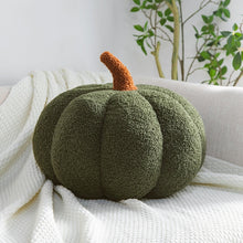 Load image into Gallery viewer, Pumpkin Pillows in teddy cotton with a tufted surface by Allthingscurated come in 3 sizes and 7 colors. These pillows are plush and comfy, perfect for Fall and Halloween. Sizes available in 20cm, 28cm and 35cm in height or 8 inches, 11 inches and 13.7 inches in height. Colors come in white, green, blue, yellow, orange, red and brown. Featured here is a Green pillow.